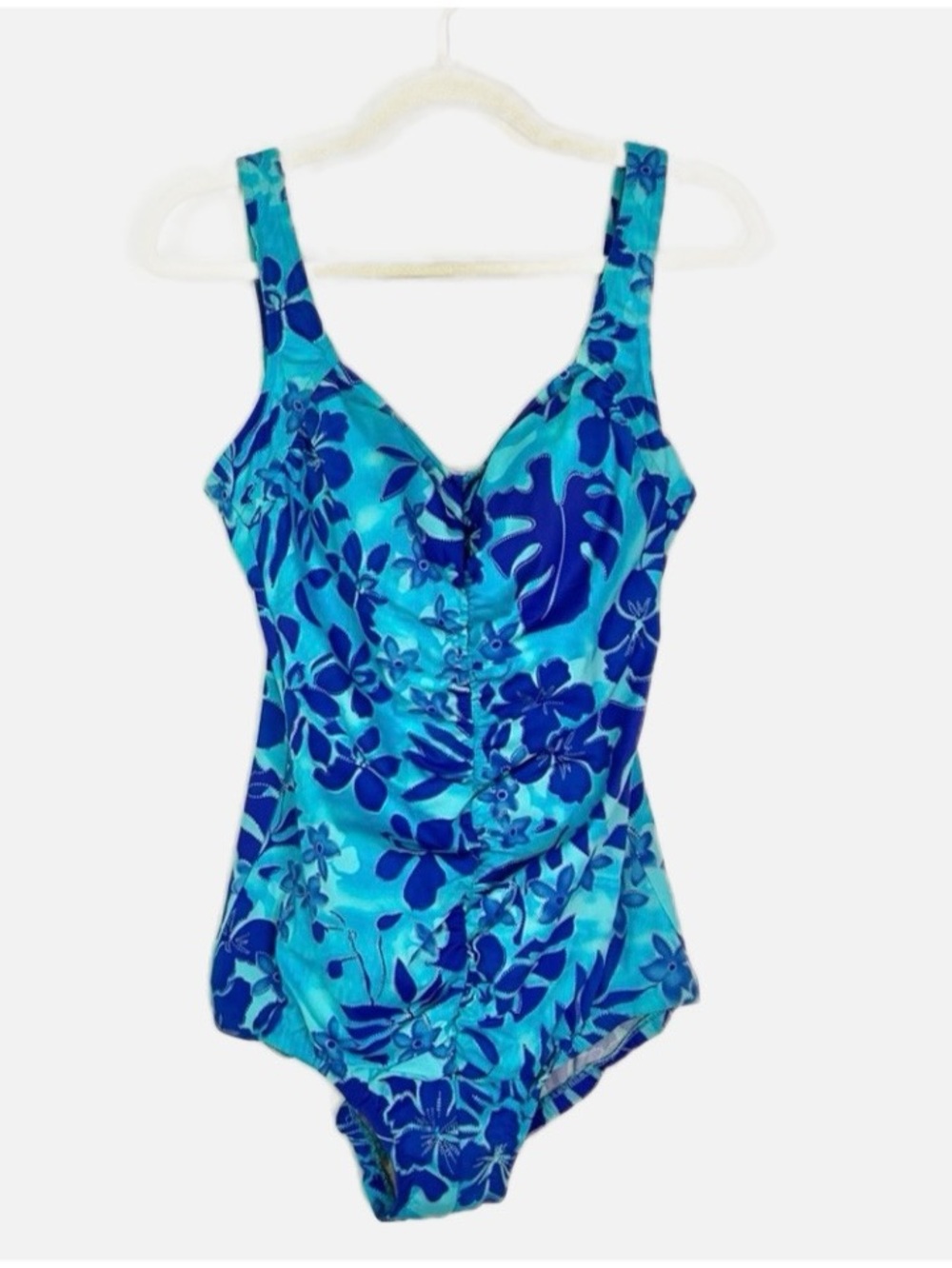 MAXINE OF HOLLYWOOD Tropical Blue One-Piece Swimsuit Ruched Tummy Control SZ 14